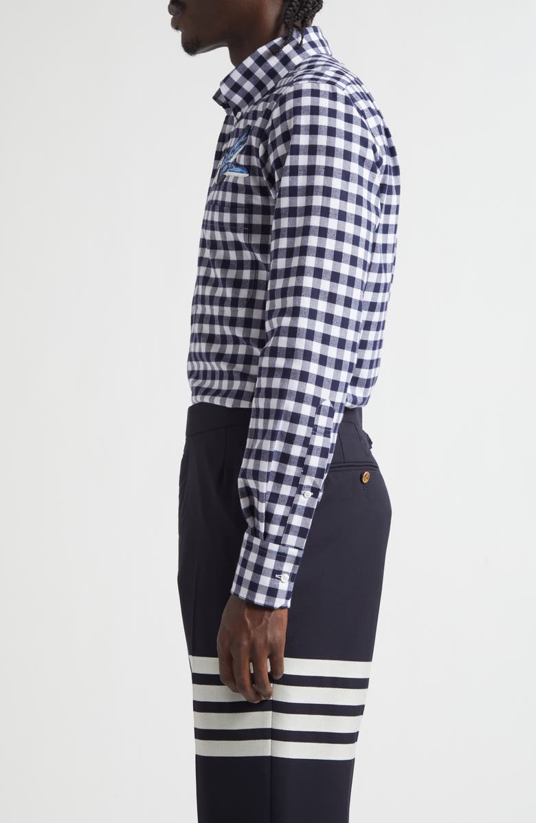 Thom Browne Bird Appliqué Gingham Straight Fit Cotton Flannel Button-Down Shirt, Alternate, color, Navy