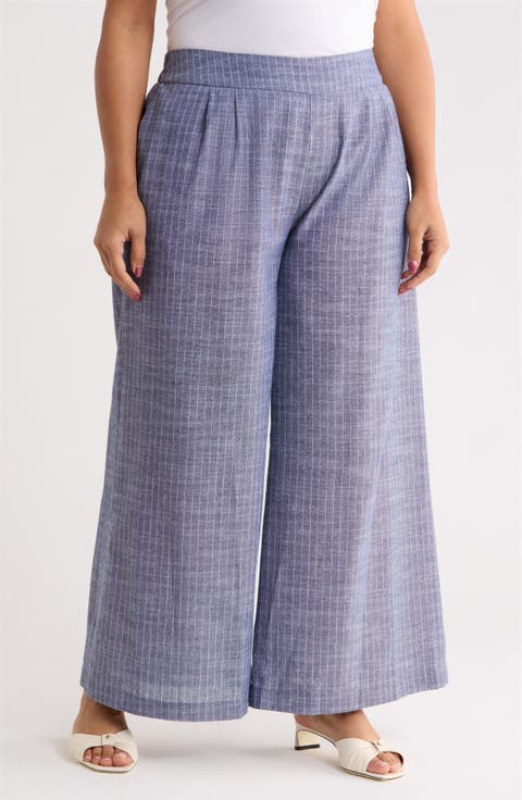 Stripe Cotton & Linen Wide Leg Pants (Plus)