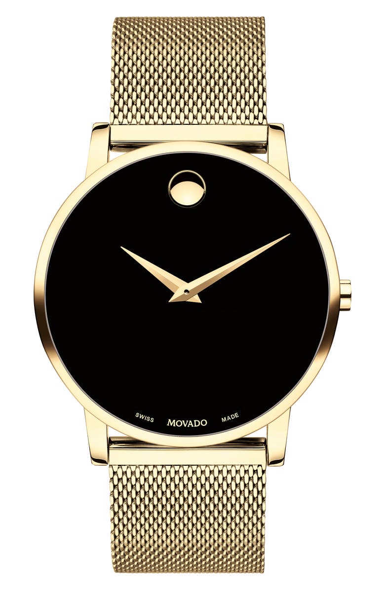 Movado Museum Mesh Bracelet Watch, 40mm, Main, color, Gold/ Black/ Gold