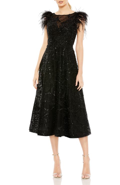 Feather Shoulder Cap Sleeve Embellished Dress