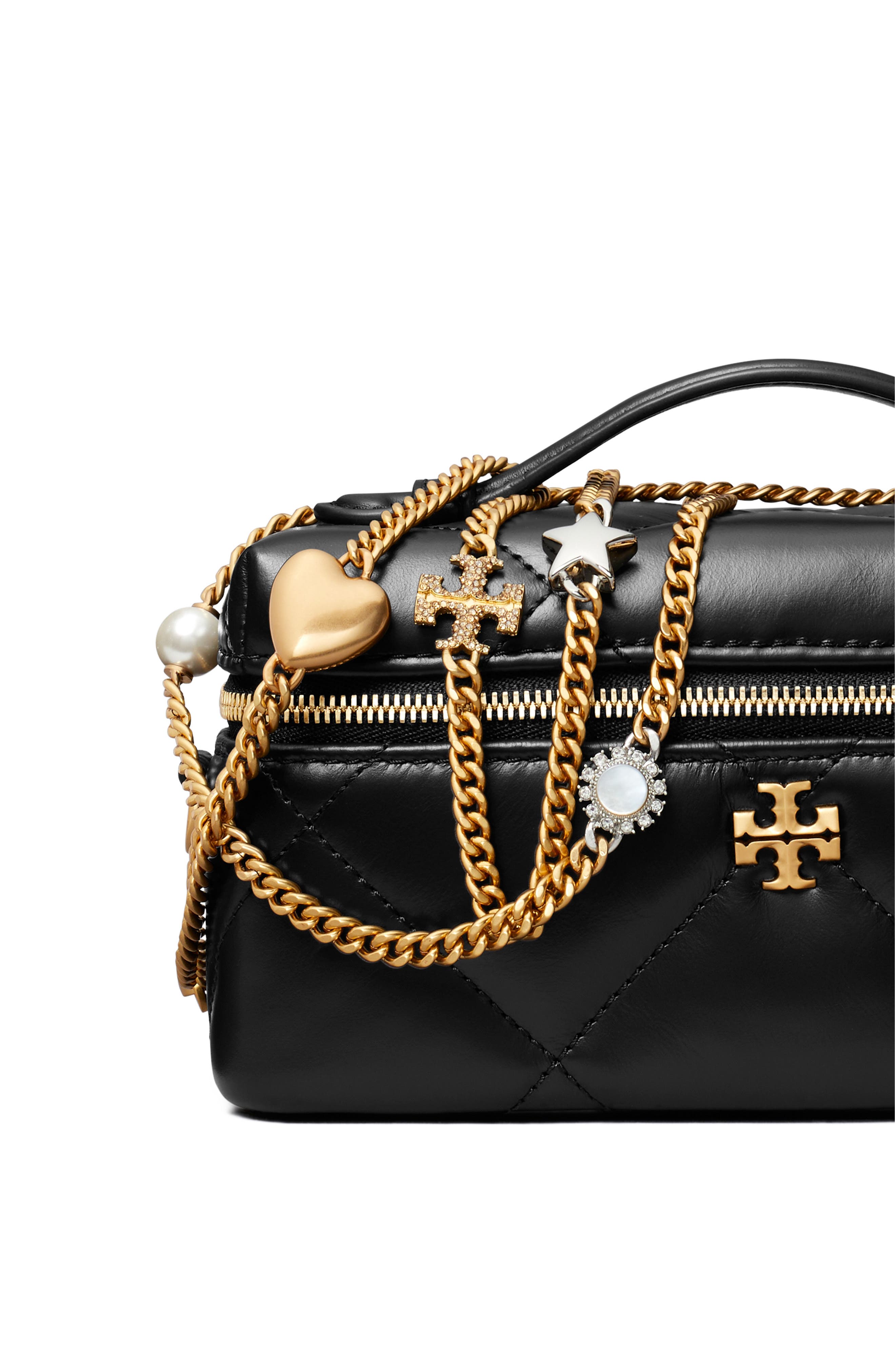 Tory Burch Kira Diamond Quilted Charm Leather Vanity Train Case, Alternate, color, Black