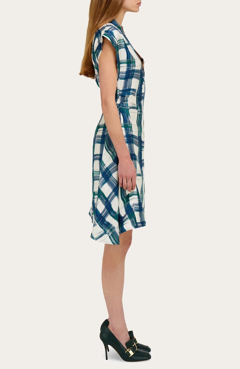 FERRAGAMO Brushstroke Tartan Silk Dress, Alternate, color, New Navy/ Moss