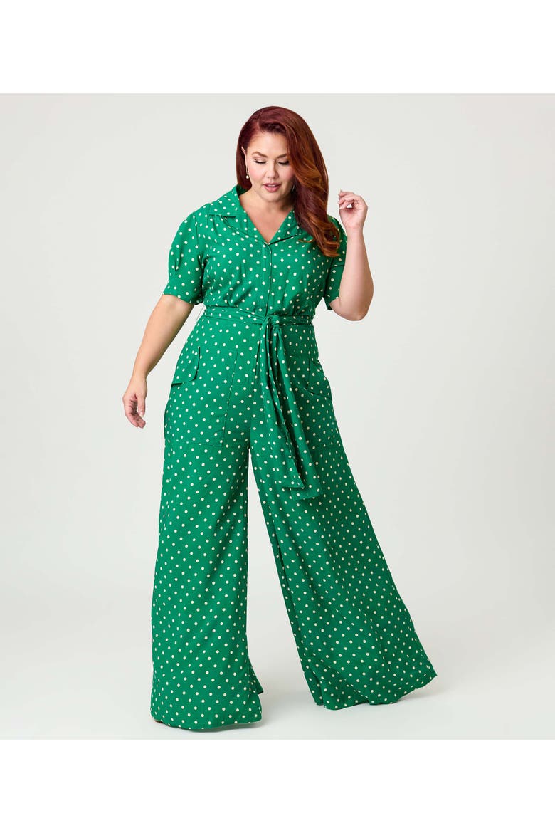 Plus Size 1940s Flare Leg Jumpsuit, Main, color, Green & White Dot
