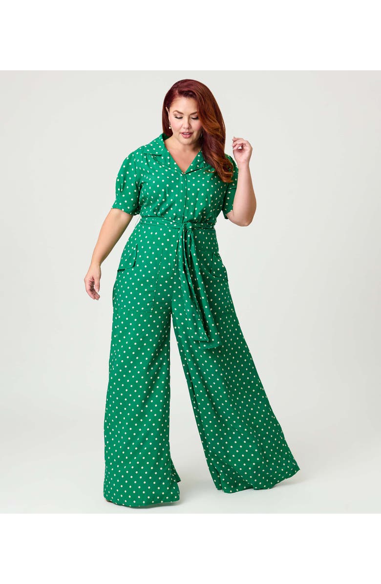 Unique Vintage Plus Size 1940s Flare Leg Jumpsuit, Main, color, Green 
White Dot