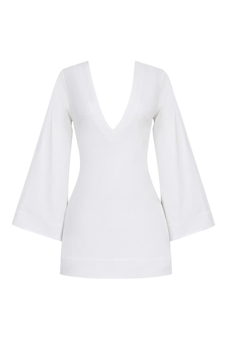 Isha Plunge Neck Bell Sleeve Cotton Minidress, Alternate, color, WHITE