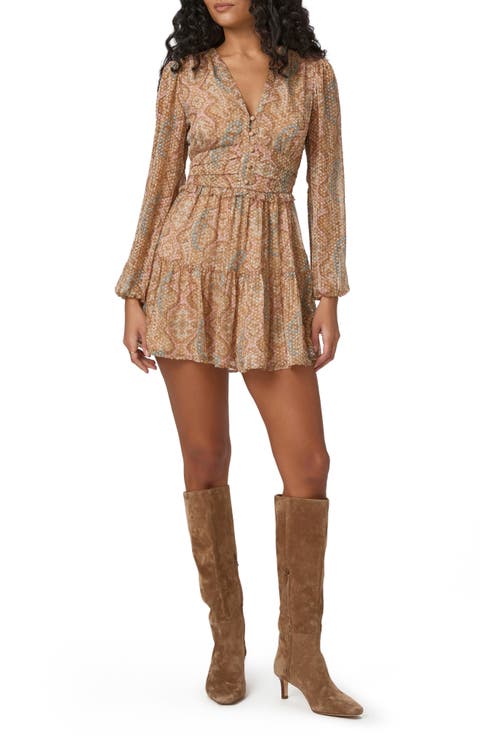 Florentine Print Long Sleeve Silk Blend Minidress