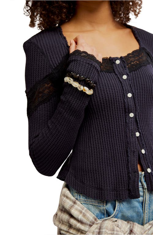 Free People Let's Party Lace Trim Cotton Waffle Cardigan In Blue