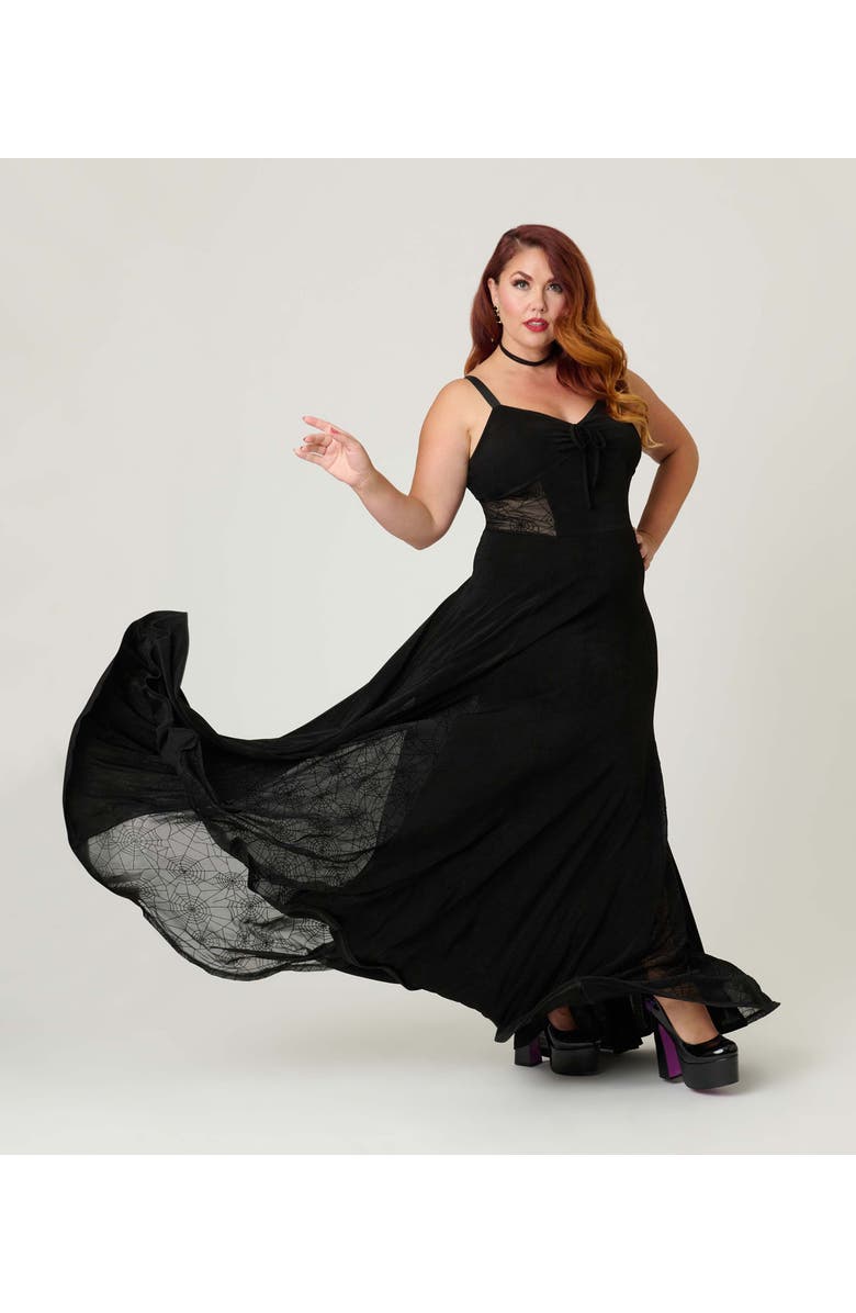 Unique Vintage Plus Size Sheer Spiderweb Godet Maxi Dress, Alternate, color, Black