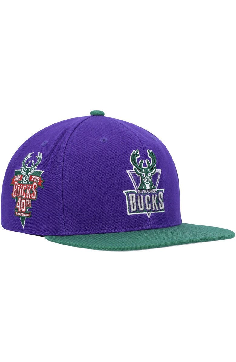 Mitchell & Ness Men's Mitchell & Ness Purple/Hunter Green Milwaukee Bucks Hardwood Classics 40th Anniversary Team Side Fitted Hat, Alternate, color, 