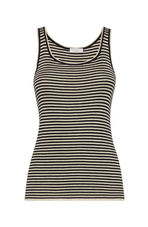 Brunello Cucinelli Ribbed Texture Crewneck Scoop Neck Striped Top In Black