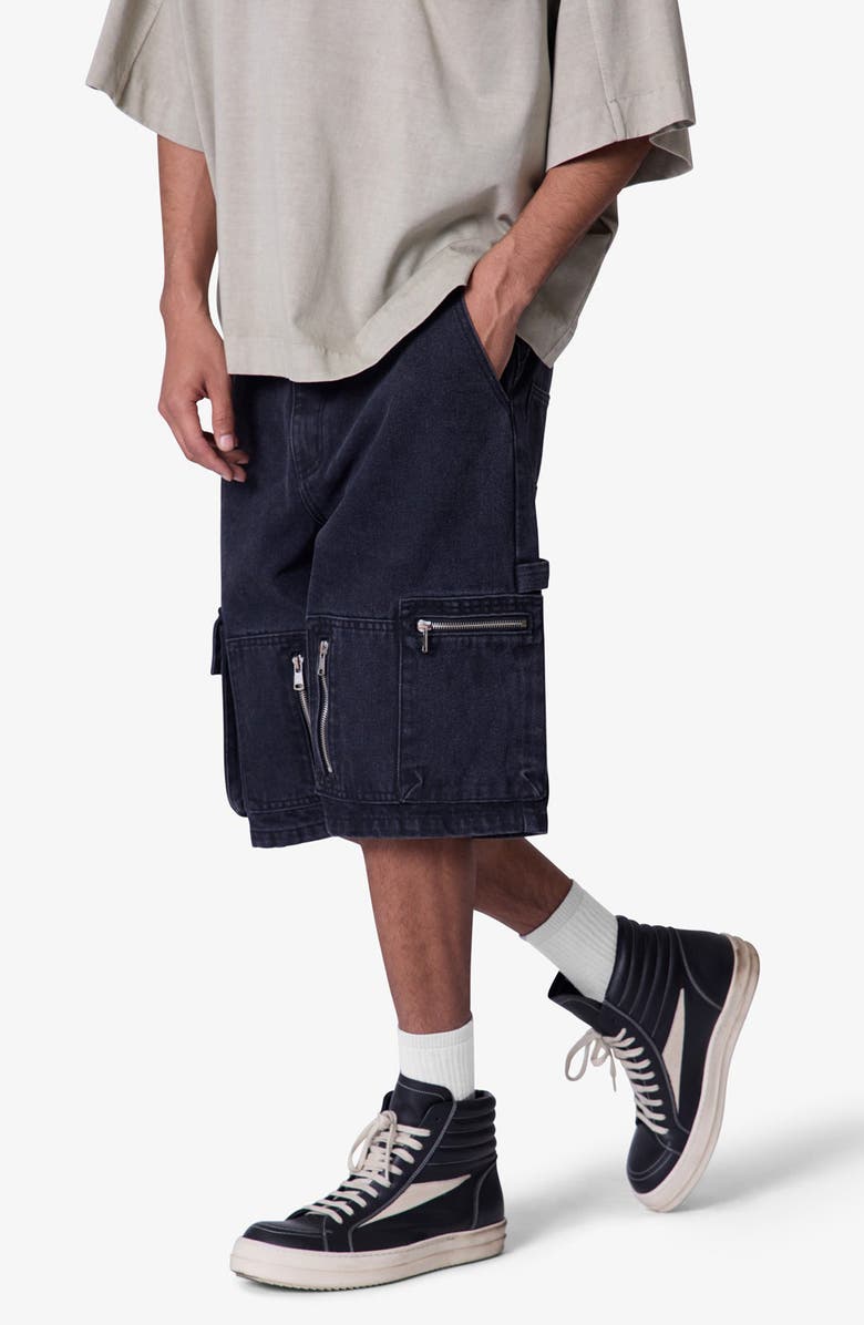 mnml Baggy Zipper Denim Cargo Shorts, Alternate, color, Black