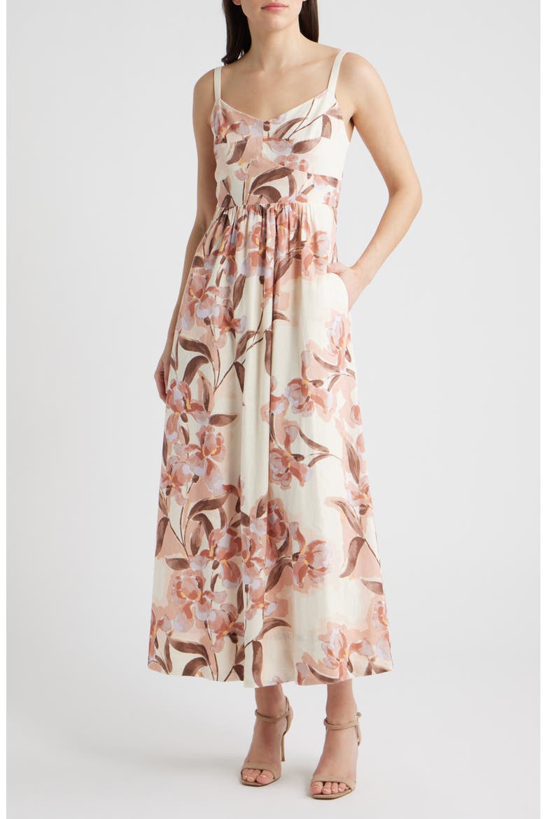 Seamed Linen Blend Midi Sundress, Main, color, SEPIA ROSE