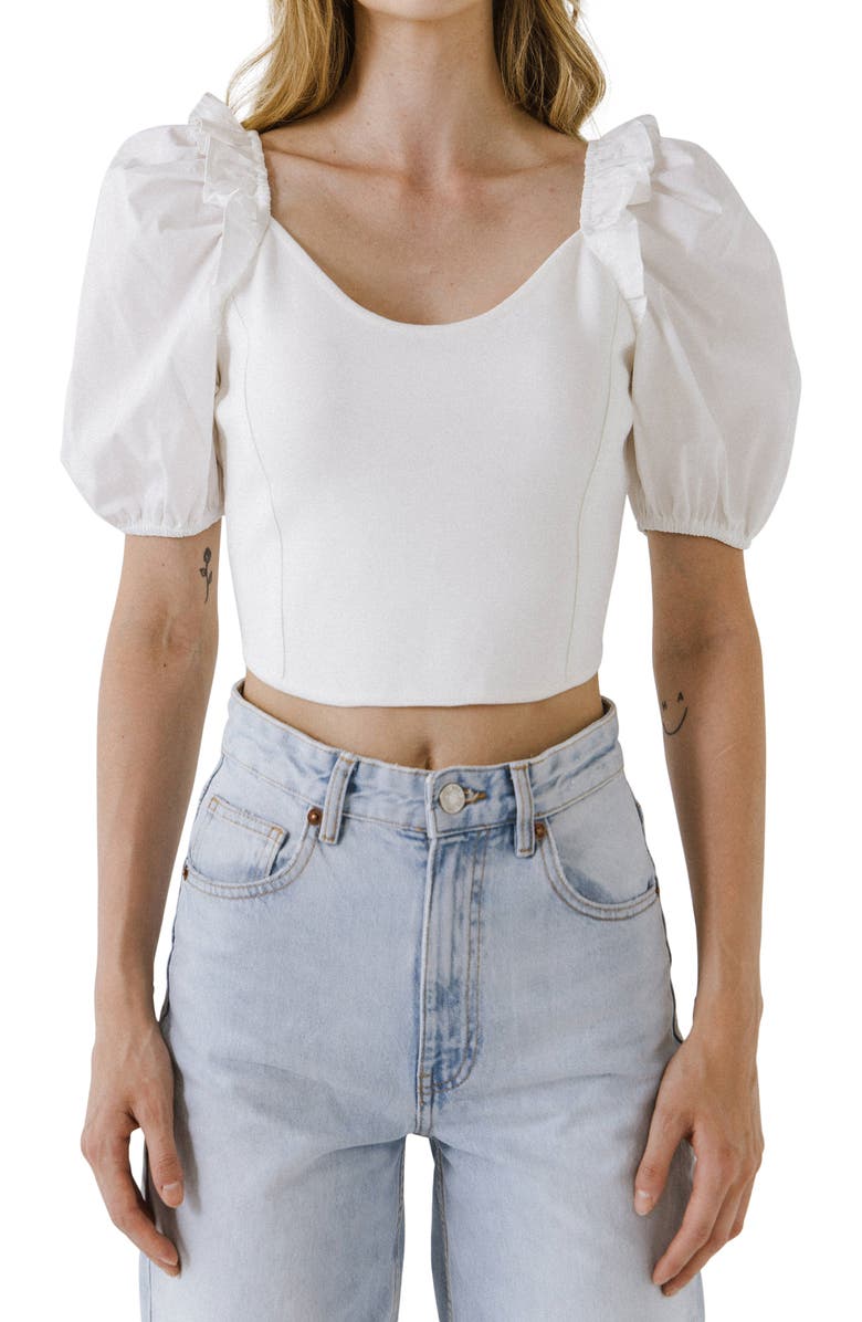 English Factory Mixed Media Crop Puff Sleeve Top, Alternate, color, Off White