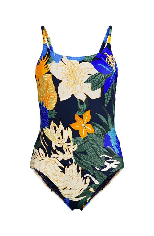 Lands' End Chlorine Resistant Scoop Neck High Leg Tugless Tank Thin Strap One Piece Swimsuit Adjusta In Navy Multi Floral Blooms