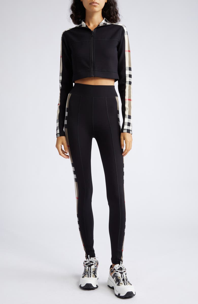 Burberry Cynthia Crop Check Panel Front Zip Top, Alternate, color, Black