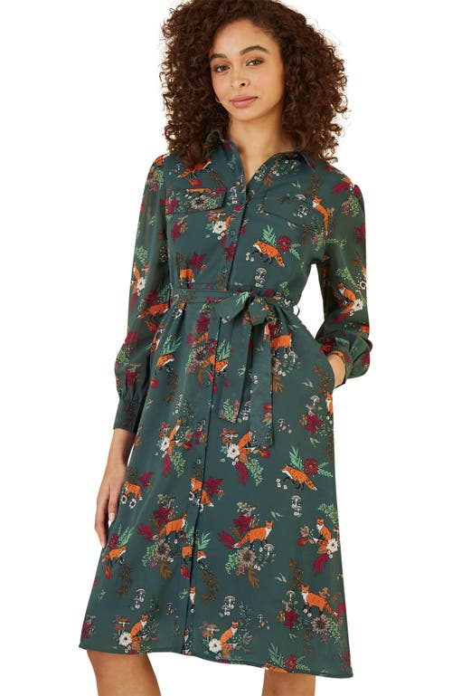 Yumi Fox Print Shirt Midi Dress In Green