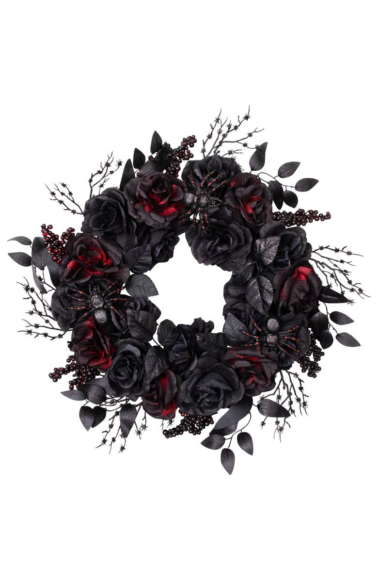 Northlight Roses and Berries Halloween Spider Wreath - 24" - Red and Black - Unlit, Alternate, color, 