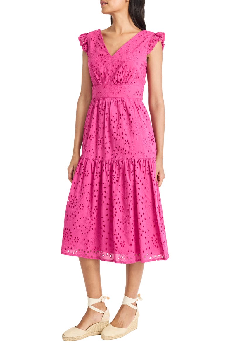 Maggy London Eyelet Ruffle Sleeve Tiered Dress, Alternate, color, Very Berry