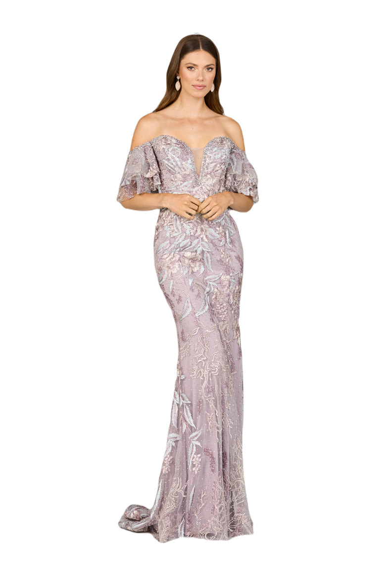 Off Shoulder Mermaid Lace Gown, Main, color, DustyPurple