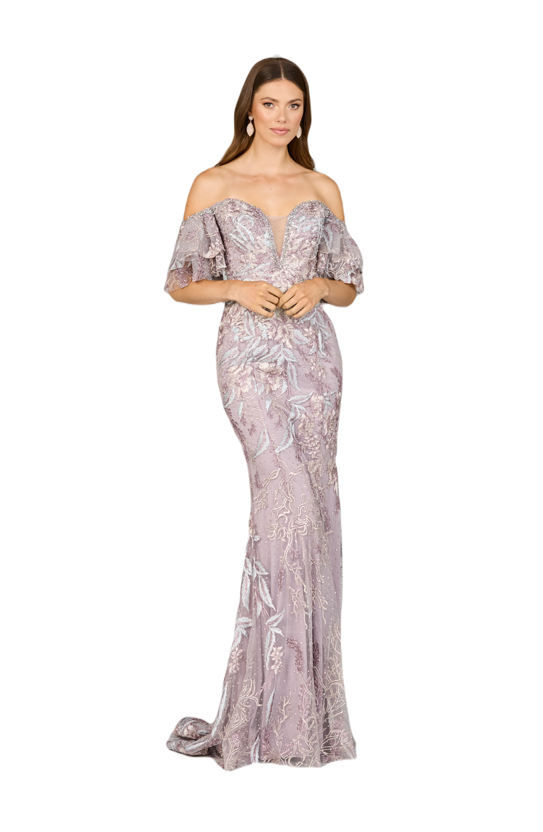 LARA New York Off Shoulder Mermaid Lace Gown, Main, color, Dustypurple