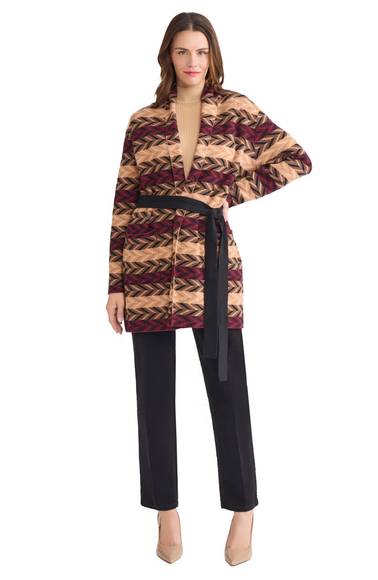 Jones New York Stripe Jacquard Belted Cardigan, Alternate, color, Bordeaux Multi