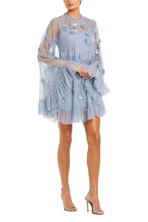 Embellished Long Sleeve Trapeze Dress with Ruffle Hem
