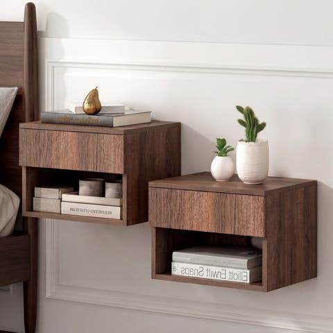 Ettore Mid-Century Modern Floating Wall Mounted Nightstand with Soft-Close Drawer and Cable Hole