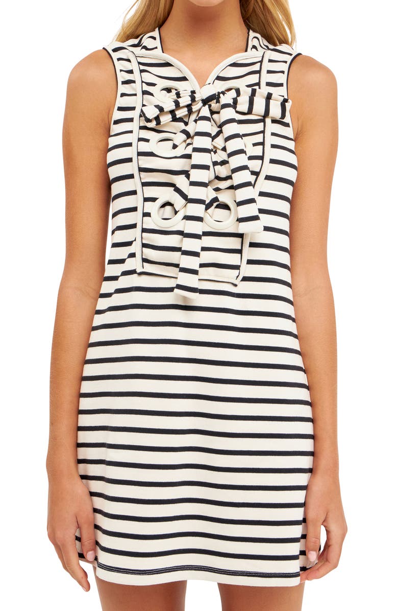 English Factory Stripe Lace-Up Shift Dress, Alternate, color, White/ Black Stripe