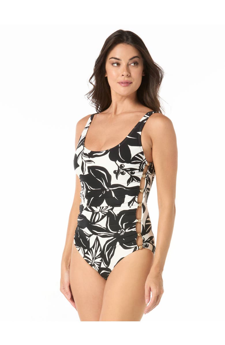 Carmen Marc Valvo Amorphic Beaded Scoop Neck One-Piece Swimsuit, Main, color, Black/White
