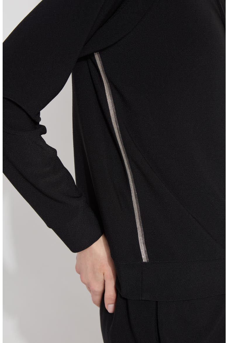 Julia Beaded Trim Stretch Crepe Hoodie, Alternate, color, BLACK