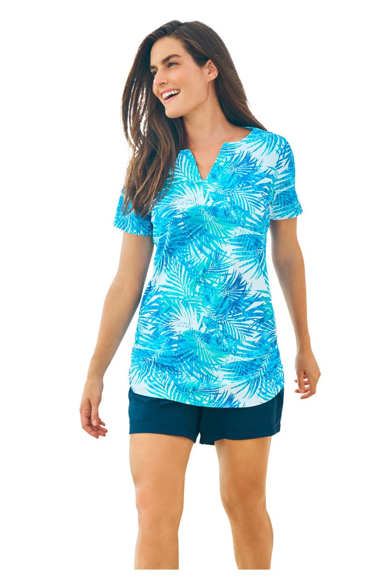 Split Neck Short Sleeve Swim Tee With Built In Bra, Main, color, BLUE MULTI LEAVES