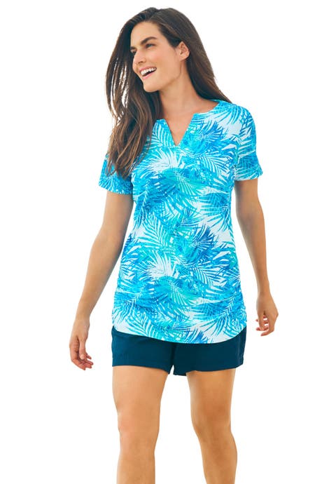 Split-Neck Short-Sleeve Swim Tee with Built-In Bra (Plus)