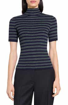 Theory Leenda Stripe Merino Wool Mock Neck Sweater