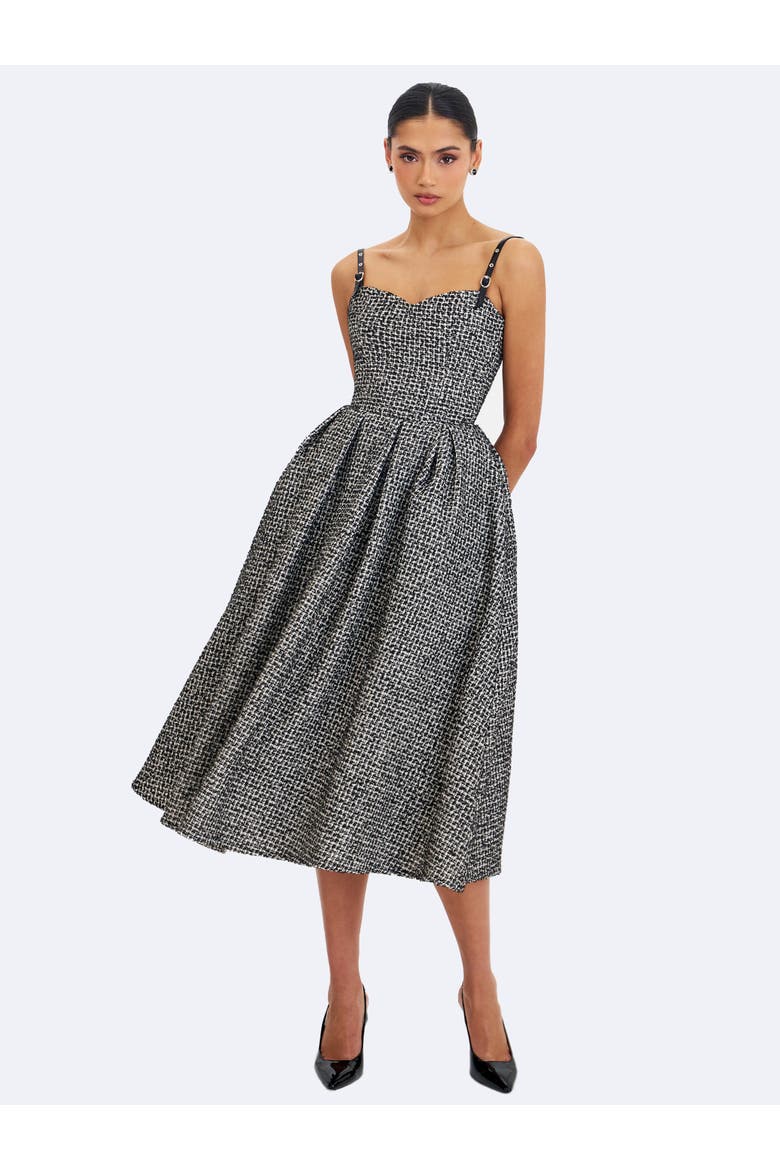 Katalina Tweed Backless Midi Dress, Alternate, color, Black and white