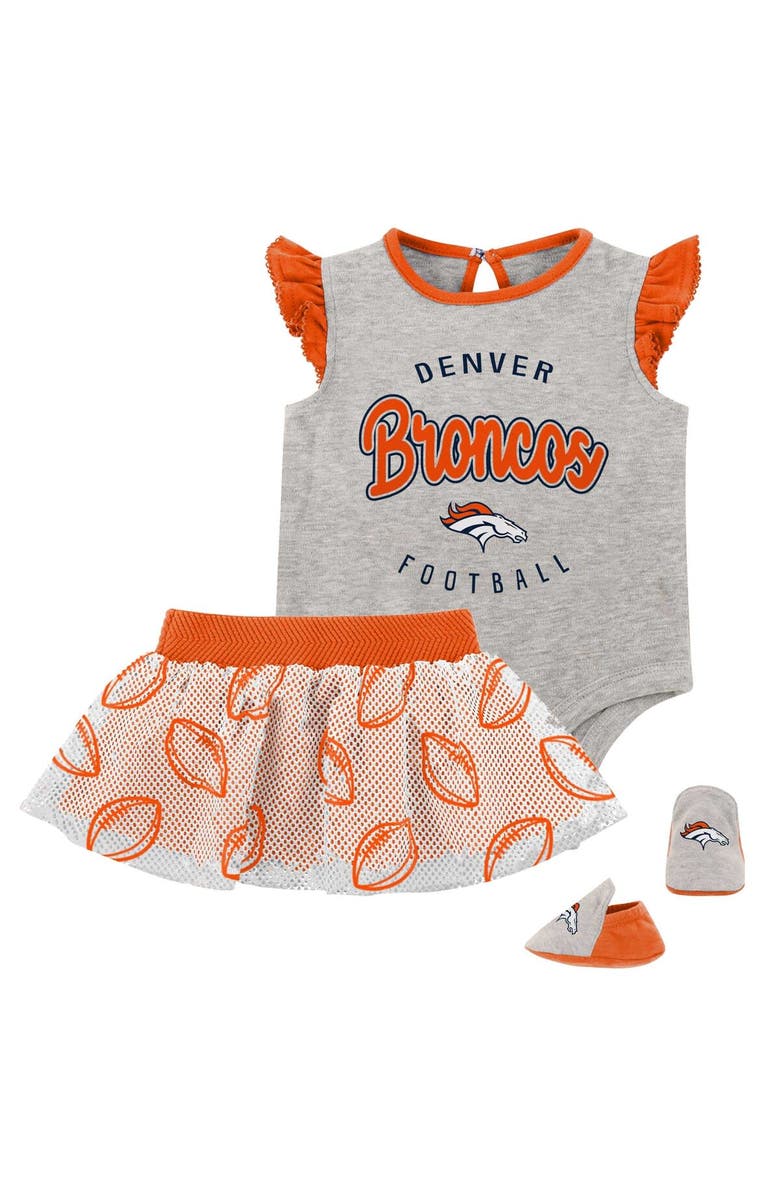 Outerstuff Girls Infant Heather Gray/Orange Denver Broncos All Dolled Up Three-Piece Bodysuit, Skirt & Booties Set, Main, color, 