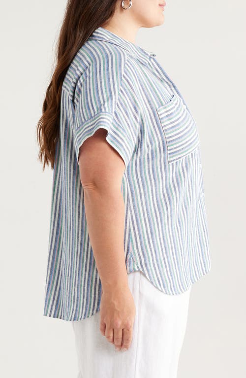 CASLONR CASLON(R) STRIPE SHORT SLEEVE LINEN BLEND BUTTON-UP SHIRT 
