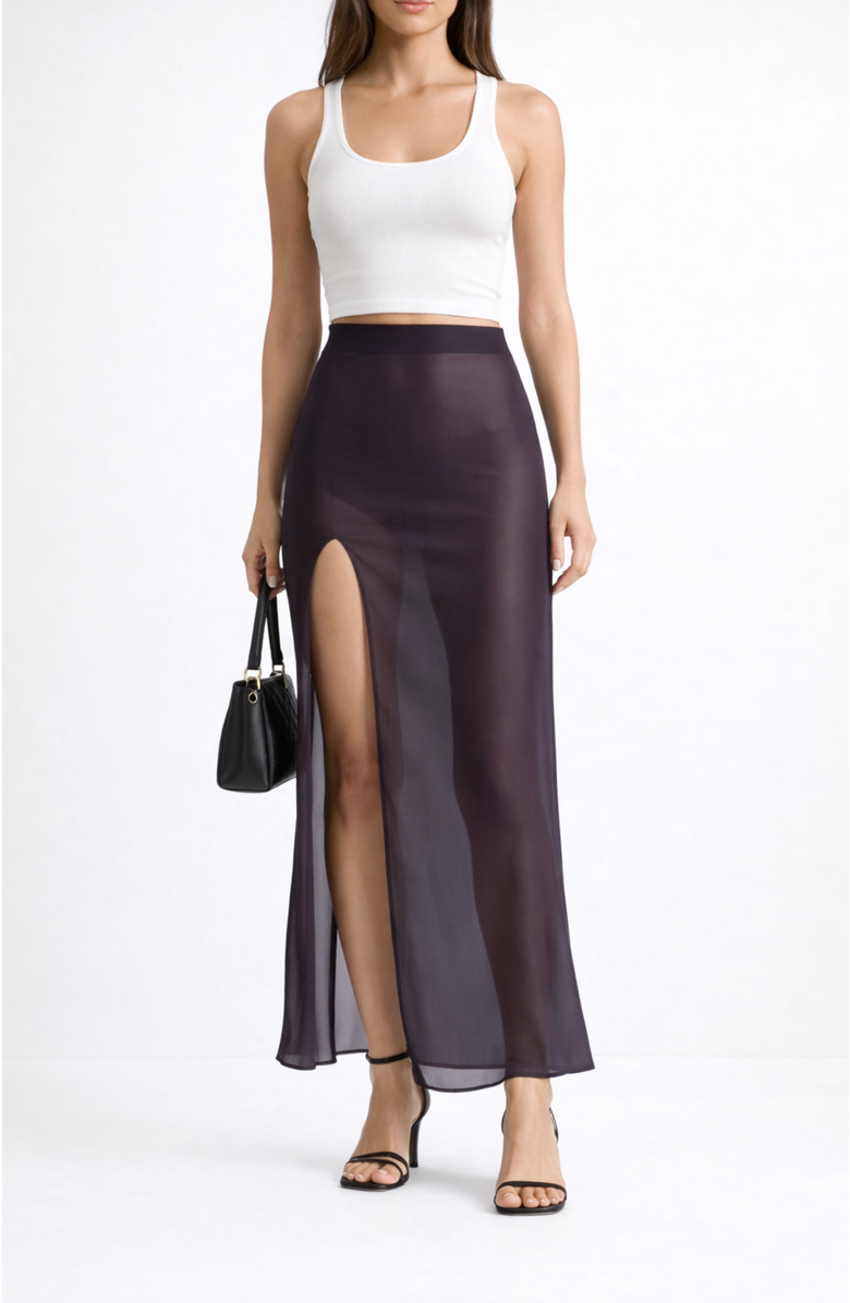 LECHERY<sup>®</sup> Lustrous Sheer High-waisted Maxi Skirt With Side Slit, Main, color, Black