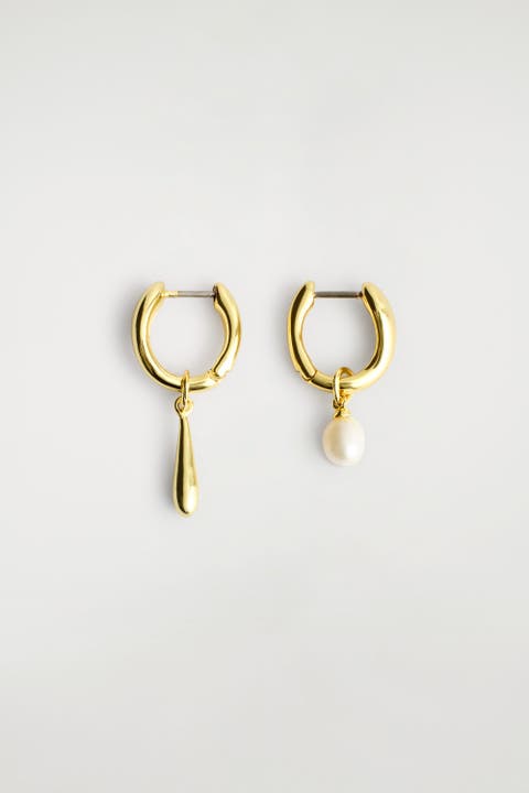 Mismatched Teardrop Pearl Hoop Earrings