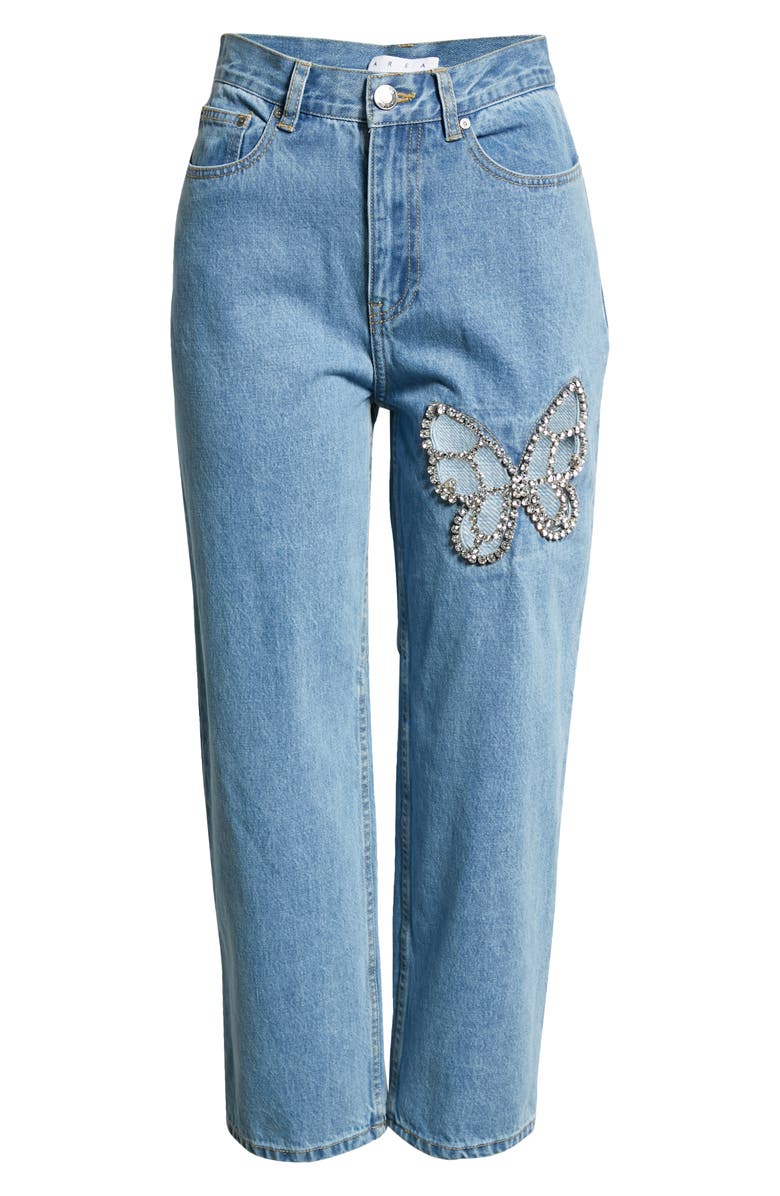 Area Crystal Cutout Butterfly High Waist Crop Straight Leg Jeans, Alternate, color,