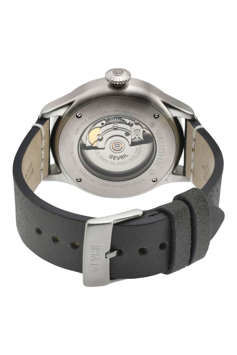 Vaughn Automatic Leather Strap Watch, 44mm, Alternate, color, GREY