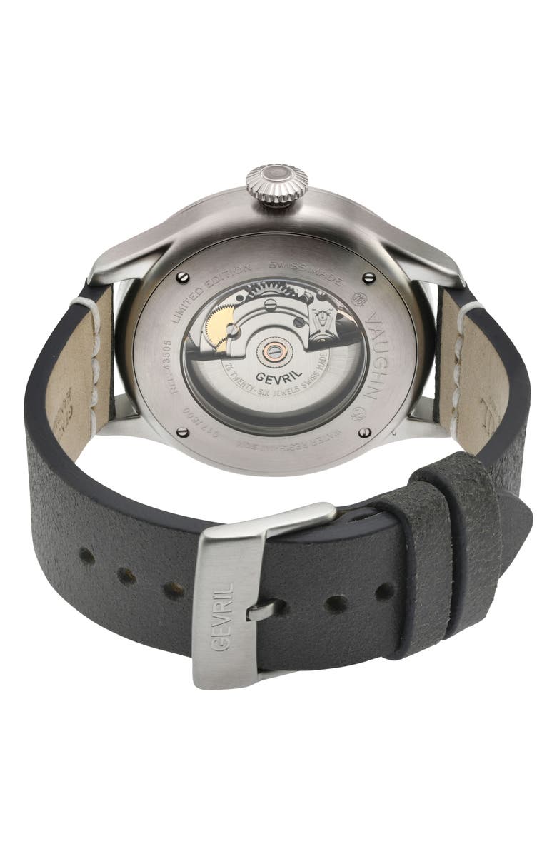 GEVRIL Vaughn Automatic Leather Strap Watch, 44mm, Alternate, color, Grey