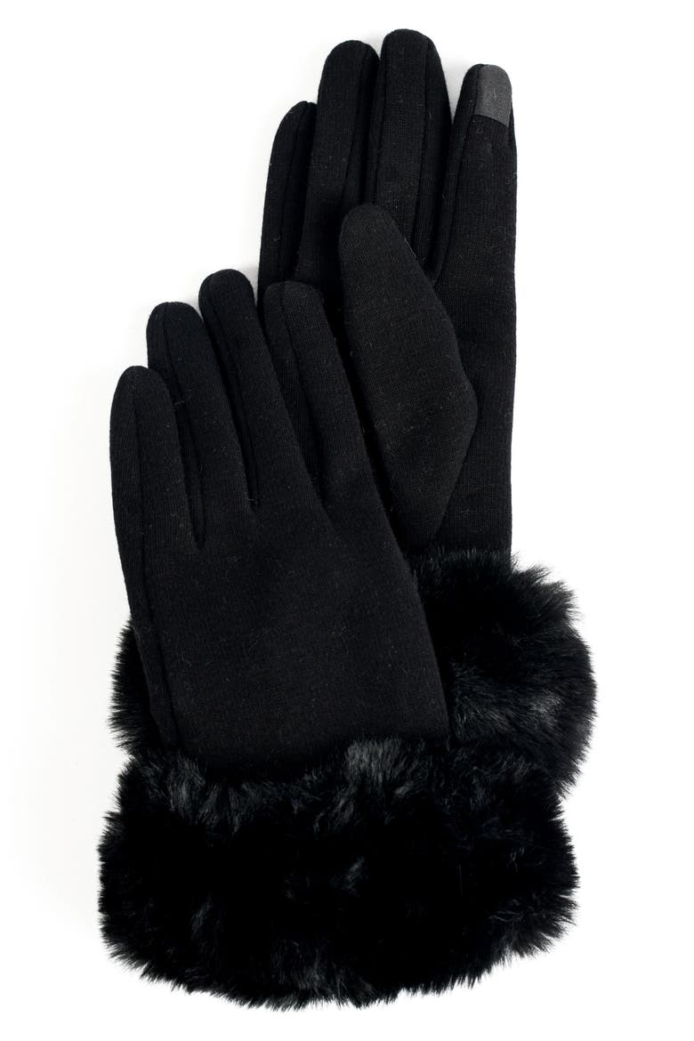 Faux Fur Cuff Jersey Knit Gloves, Main, color, BLACK