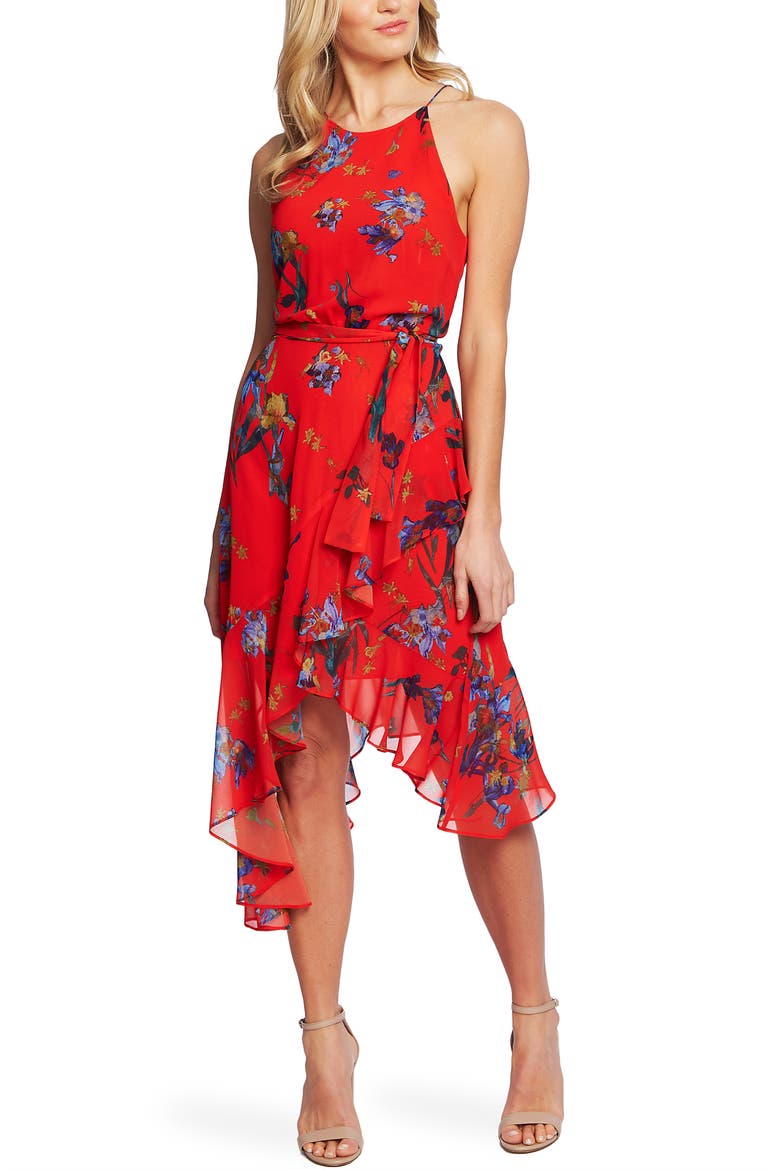 Floral Print Asymmetrical Dress, Alternate, color, FIERYRED