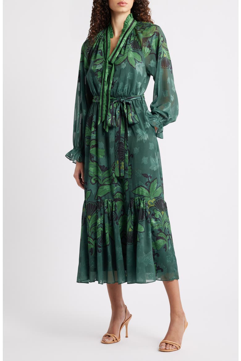 Natalie Metallic Mixed Print Long Sleeve Dress, Main, color, OLIVE GREEN