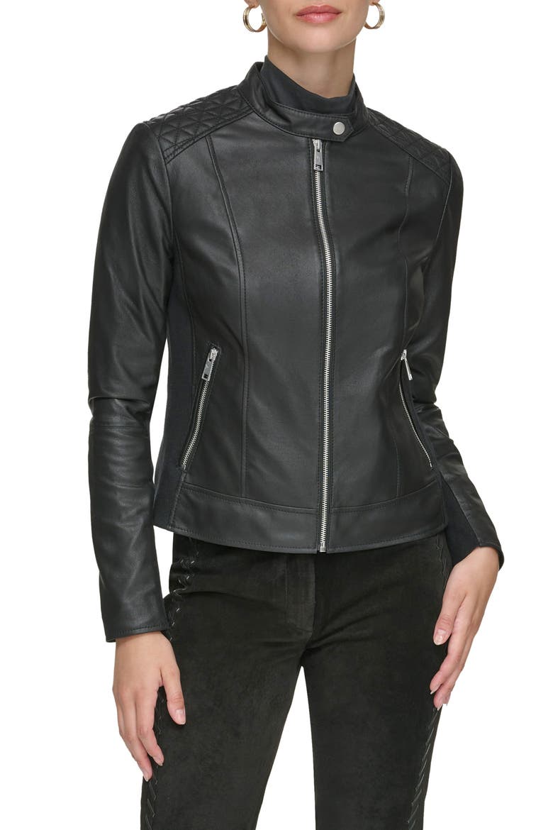 Leather Racer Jacket, Main, color, BLACK