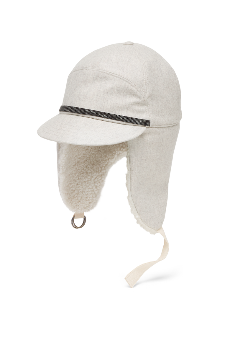 Brunello Cucinelli Virgin wool flannel baseball cap with shearling-lined ear flaps and shiny band, Main, color,