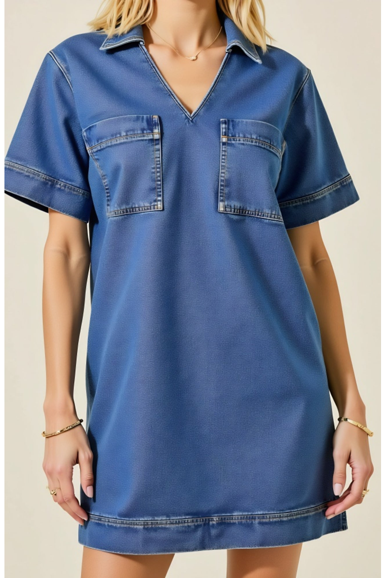 Denim Mini Short Sleeve Chest Patch Pocket Shirt Dress, Alternate, color, Blue
