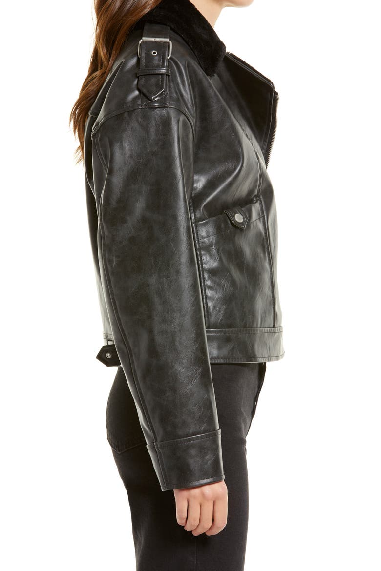 Faux Shearling Moto Jacket, Alternate, color, BLACK