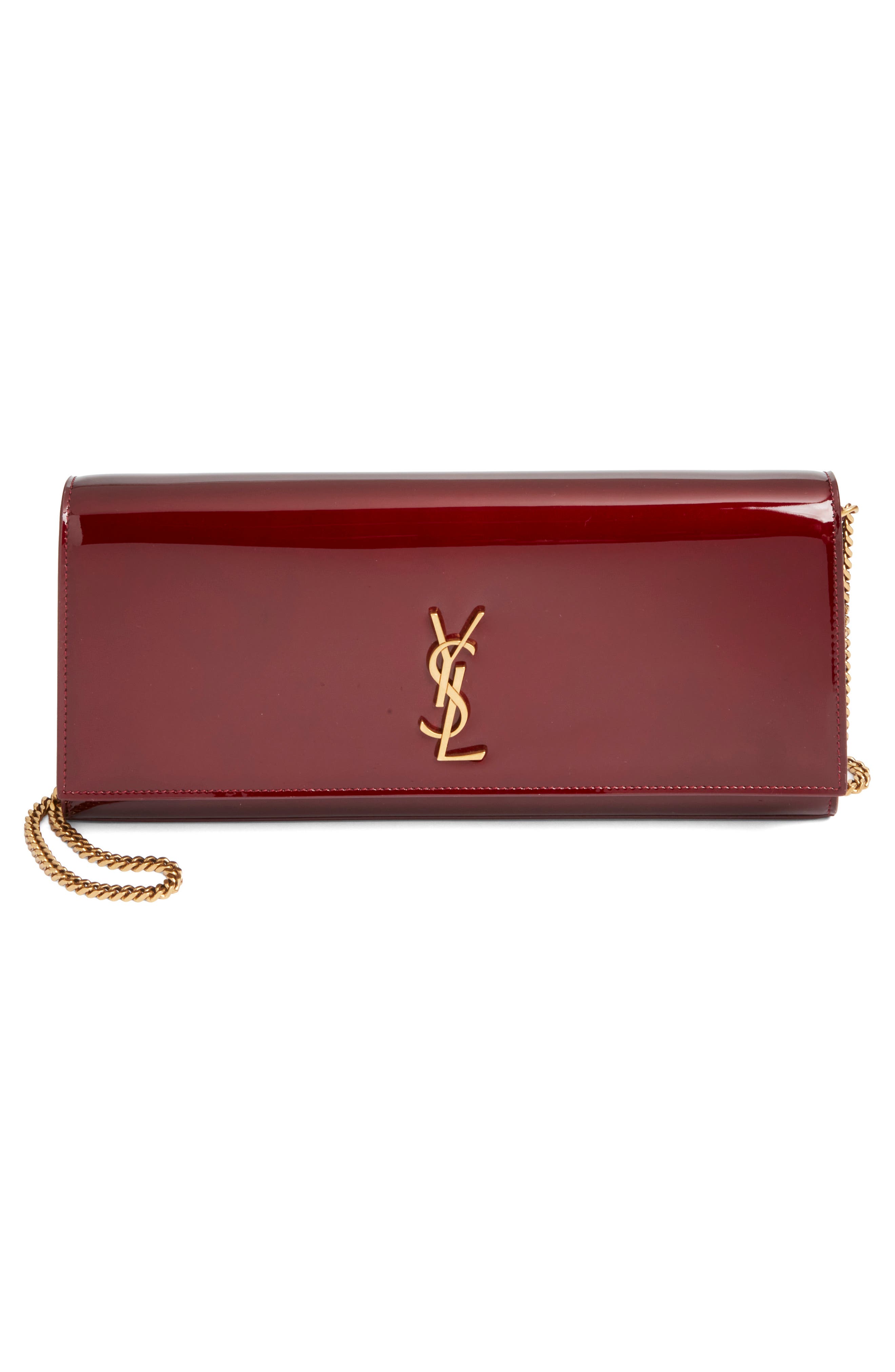 Saint Laurent Kate Patent Leather Clutch on a Chain, Main, color, Gloss Burgundy