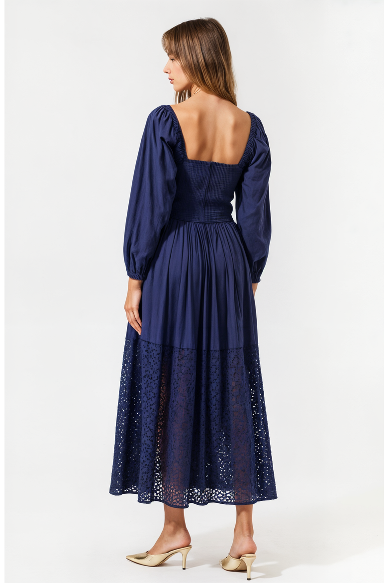 Square-Neck Smocked Midi Dress with Long Sleeves and Eyelet Hem, Alternate, color, Navy Blue